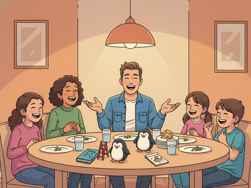 Comic-Szene eines Vaters, der seinen Kindern am Esstisch lustige, saubere Dad Jokes erzählt, ideal zur Illustration eines familienfreundlichen Witzeblogs.