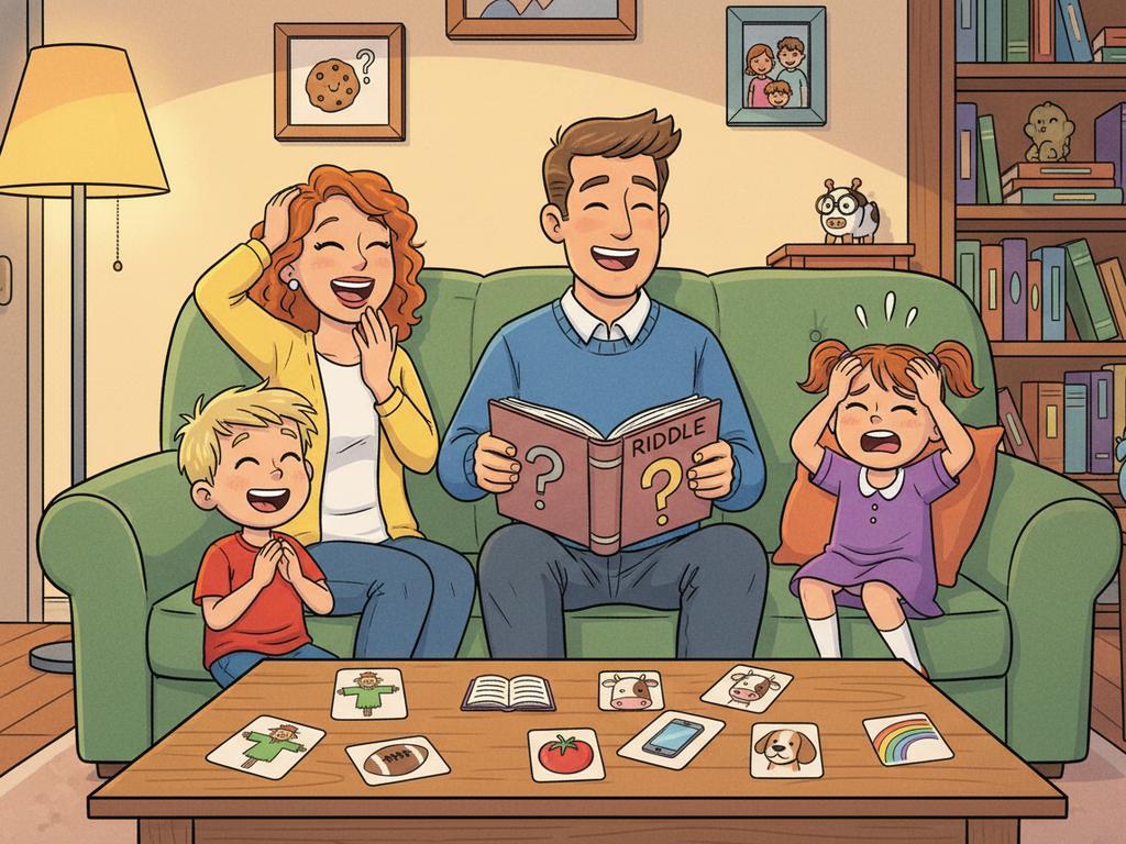 Illustration einer fröhlichen Familie, die gemeinsam lustige Dad Jokes und Rätsel liest und dabei lacht – ideal für Spieleabende, Autofahrten oder gemütliche Abende zuhause.