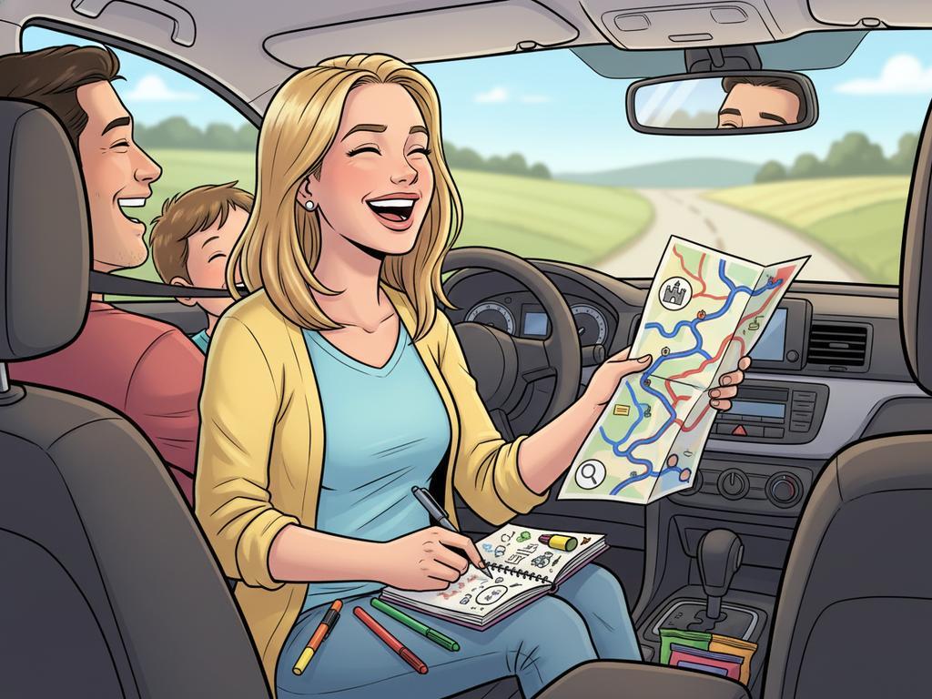 Comic-Szene einer fröhlichen, cleveren Blondine auf dem Beifahrersitz während eines Roadtrips, wie sie mit Notizbuch und Straßenkarte witzige Rätsel für die ganze Familie sammelt.