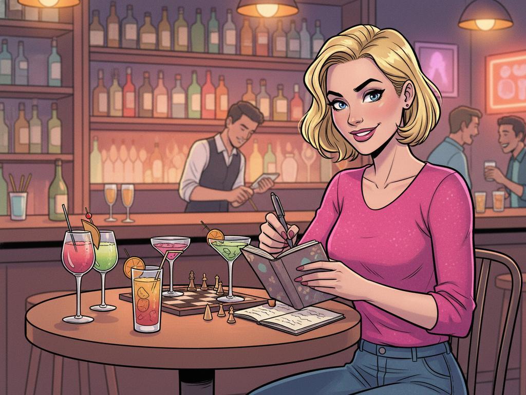 Comicartige Illustration einer selbstbewussten Blondine in einer Bar, die mit Notizbuch, Drinks und humorvollen Details die spielerischen, frechen Q&A-Blondinenwitze des Artikels visualisiert.