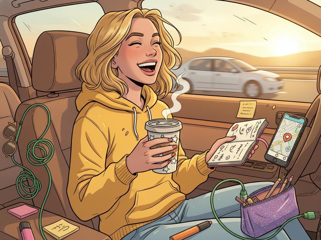 Comicartige Illustration einer fröhlichen blonden Frau auf einem Roadtrip, umgeben von Kaffee, Notizbuch und Reisezubehör, passend zu sauberen Blonde-Witzen in einem Blogartikel.