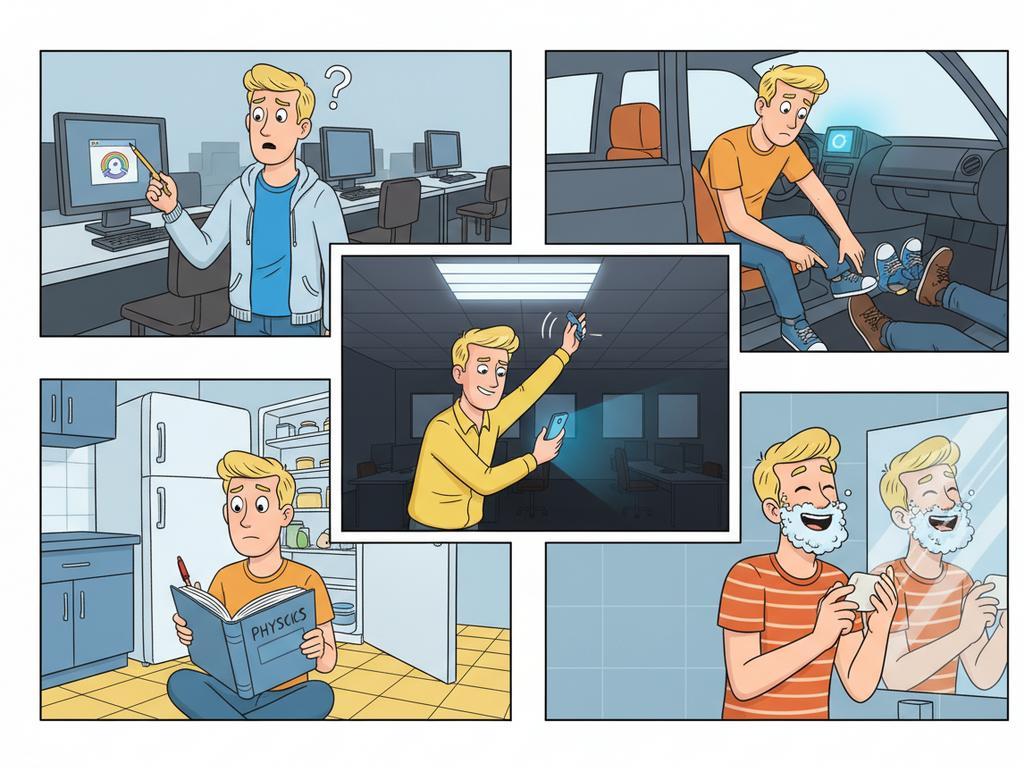 Comicartige Illustration eines fröhlichen blonden Mannes, der in verschiedenen Alltagssituationen lustige Rätsel erlebt, passend zu harmlosen blonde-male-jokes für Familien und Freunde.