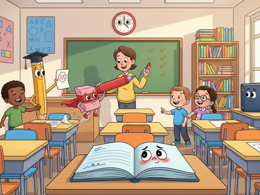 Bunte Comic-Illustration eines fröhlichen Klassenzimmers mit sprechenden Schulutensilien, ideal als Visual für saubere englische Witze für Kinder und Unterricht.