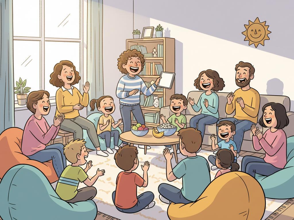 Bunte Comic-Szene mit Kindern und Erwachsenen, die gemeinsam über saubere Witze lachen und ein Frage-Antwort-Spiel mit lustigen Rätseln spielen.