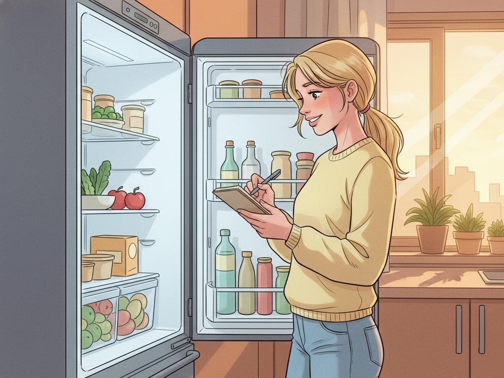 Comic-Szene einer fröhlichen blonden Frau, die mit Notizbuch vor einem offenen Kühlschrank steht und kreative, harmlose Witze und Ideen sammelt.